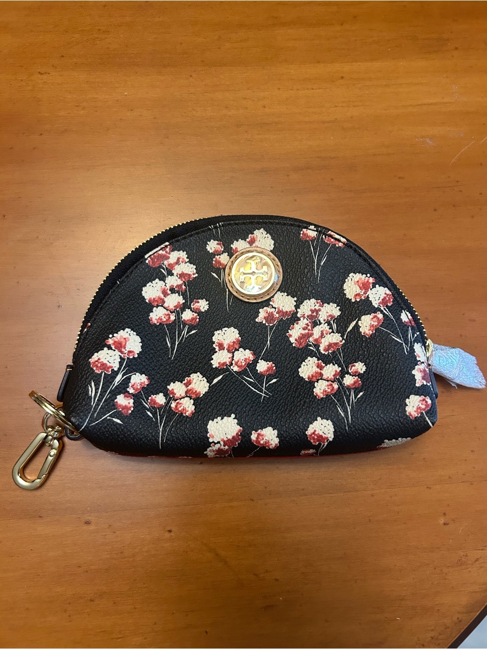 Tory Burch Black Floral Coin Pouch with Gold Logo